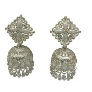 Traditional Silver Jhumka Earrings, Pearl Inlay with Iridescent Stones, 6.5 cm Length, Handcrafted Ethnic Statement Jewellery