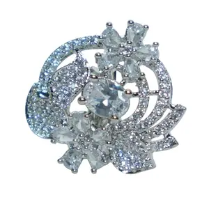 Handcrafted Silver Flower Ring with Brilliant Centerpiece Ad Jewellery Adjustable Ring for Ladies and Diamond-Like Accents in an Artistic Curved Frame