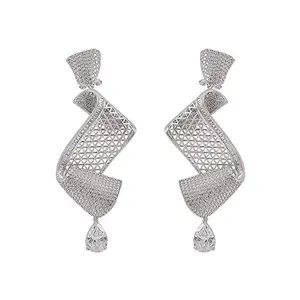 Shaze Silver Rhodium-Plated Cubic Zirconia Twirly Drop Earrings for Women