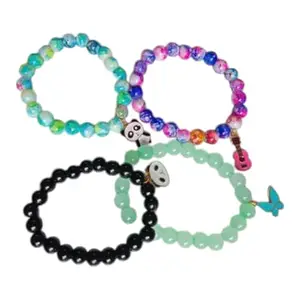 Beaded Stretch Bracelets Set with Charms, 4 Pack, Multi-Colour - Turquoise, Pink-Purple, Mint Green and Black