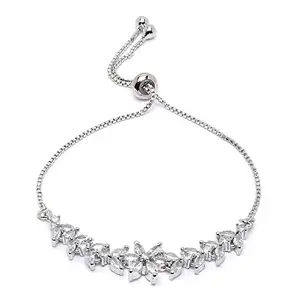 ZENEME Rhodium-Plated Silver Toned American Diamond studded Floral Shaped Link Bracelet Jewellery for Girls and Women (Lime Green) (Silver)