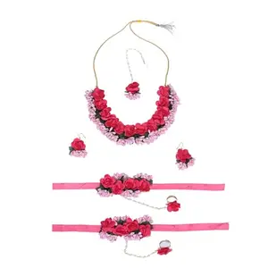 Alampata Handmade Artificial Floral Necklace Set with Maangtika and A Pair of Beautiful Earrings for Girls & Women (Pink)
