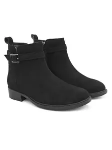 pelle albero Women's Black Buckle High-Heeled Ankle Boots | Black Fashion Boots for Women with Buckles | Stylish Black Ankle Boots with Heels I Size 3