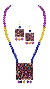 JFL - Jewellery for Less Latest Beautiful Box Leaf Painting Pendant with Multi Color Beads Handcrafted Necklace with Earring Women & Girls. (Purple,Yellow, Blue)