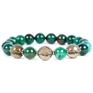 RRJEWELZ 8mm Natural Gemstone Chrysocolla & Smoky Quartz Round shape Smooth & Faceted cut beads 7 inch stretchable bracelet for women. | STBR_RR_W_02725