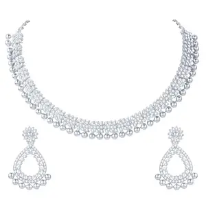 Atasi International Silver Plated American Diamond AD Necklace Jewellery Set with Earrings for Women Suited for Wedding, Party, Engagement & Ocassional Wear (R5824)