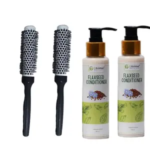 G Krishna Naturals Small Roller Hair Brushes & Flaxseed Conditioner for Women & Men | Durable Long Lasting Wood Kangi and Hair Conditioner for Natural Hair Growth (Pack of 2 Each)(GKNFPC2-18)