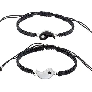 El Regalo 2 PCs Unisex Yin Yang Macramé Bracelet Set - Yin Yang Thread Adjustable Bracelet for Couple/Best Friends