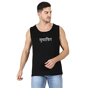 T-shirt Truck Musafir Printed Tank Tops for Men and Boys | Sleeveless Tshirts | Hindi | Hindi Dialouge | Cotton | Stylish | Quote Gym Wear Black