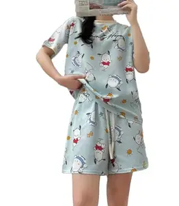 Women Cute Printed 2 Piece Outfit Short Sleeve Top and Shorts Tracksuit Lounge Set (BLUE PRINTED, L)