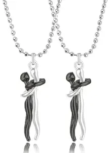 National Set Of 2 Forever Love Couple (Black & Silver) Hugging Embrace Statement Promise Affectionate Hug Me Pendant Locket Necklace With Chain For Valentine's Day Matching