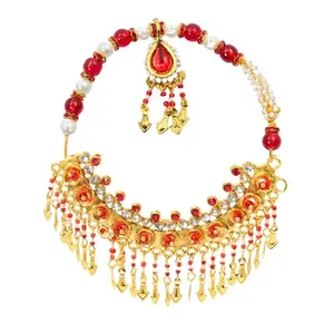 FebTech Artificial Gold-Plated Ethnic Bracelet with Red and White Beads, Stunning Crystal
