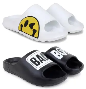 Pampy Angel Combo Pack of 2 Slipper/Flip Flops/Slides/Clogs/Sandals with Adjustable Back Strap for Men,(Y-To-Eyes-White,Y-B-Boy-Black),9 (UK/India)