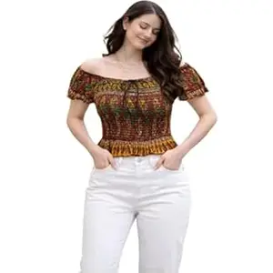 Cigain Women's Off-Shoulder Smocked Crop Top, Printed Pattern, Short Ruffle Sleeves