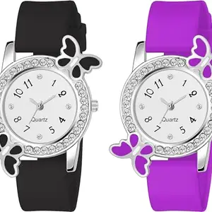 RENI SALES Stainless Steel Case Quartz Round Shape Analog Watch for Girls(White) Butterfly_Black_PERPLE_Combo
