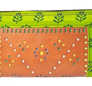 Ethnics of Kutch Punch Work Leather Art Pure Wallet Ladies for Women Green Brown