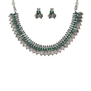 I Jewels 18K Silver Oxidised Traditional Style Coin Necklace With Earrings For Women & Girls (MC063ZG)