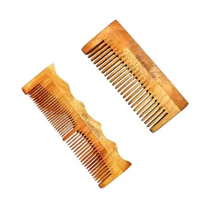 BlackLaoban Handmade Wooden Combs Big Size Kacchi Neem Wood Comb Set - Neem Comb Combo For Men & Women Hair Growth - Pack of 2 - Anti Dandruff, Detangling Hair Fall Control Kanghi Wide Tooth & Dual Tooth