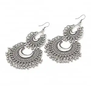 Handcrafted Oxidized Crescent Chandbali Earrings | Vintage Silver Tone Ethnic Hoops with Elegant Bead Drop Tassels | Traditional Indian Statement Jewellery | Perfect Birthday or Anniversary Gift for Her