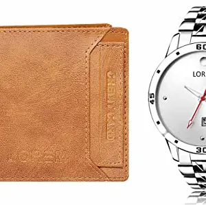 LOREM Orange Color Faux Leather Wallet & Silver Analog Watch Combo for Men | WL06-LR103