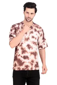 TQH Men Oversize Tie Dye Printed Cotton Blend Round Neck Brown T-Shirt