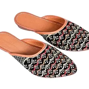 Women's Embroidered Feather Pattern Slip-on Jutti Attractive Design Comfortable Sole, Traditional Indian Flats with Tan Trim, Stylish Casual Fancy Bellies Jooti for Womens & Girls (Jutti_2118) (Black, UK Footwear Size System, Adult, Women, Numeric, Medium, 8)