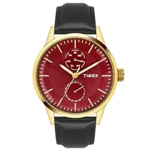 TIMEX Analog Watch for Man with Red Round Dial & Black Leather Strap Band Water Resistant Men's Wrist Watches - TWEG19938