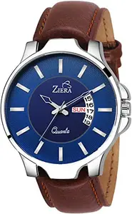ZIERA Leather Strap Blue Dial Day and Date Men's Analog Watch