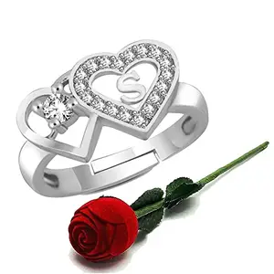 MEENAZ Couple Silver Finger Rings for women Men Boy girl girlfriend Husband Wife lovers AD Valentine American diamond Adjustable Love Heart Initial Letter S Name Alphabet Rose box Stylish platinum-781