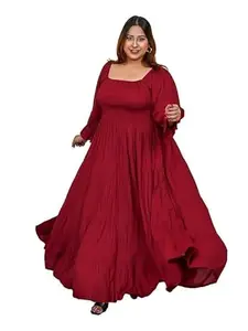DEEBACO Women's Rayon Smocking Tiered Plus Size Dress for Women|Square Neck Full Sleeves Fit & Flare Maxi Casual Western Dress for Ladies Party Casual Wear Outfits (DBDR00000819_6XL_Maroon)