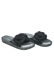 Sana.K Black rose Open Toe Silver Wedge Leather Heels