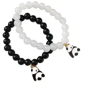 Black & White Moti Cute Lazy Panda Charm Couples Bracelet Valentines Day Special Love Couples Friendship Promise 2 in 1 Duo Wrist Band Cuff Elastic Field 8mm Pearl Beads Panda Moti Bracelet