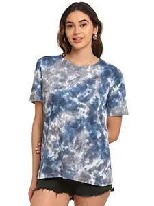 ENNOBLE Pure Cotton Loose Fit Tie & Dye Half Sleeve Round Neck T-Shirt for Women & Girls Blue