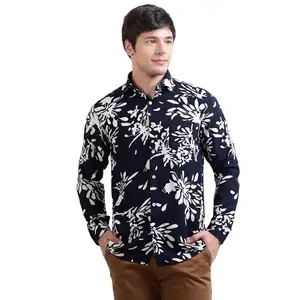 AM SWAN Men's Premium Rayon Shirt with Navy Floral Print (XL)