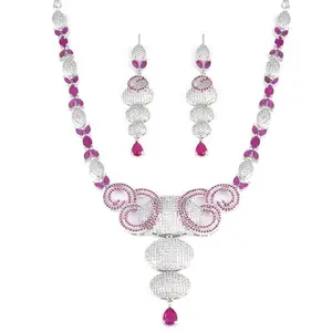 PRIVIU Rhodium Plated Ruby Pink and White American Diamond Necklace with Earrings Jewellery Set For Women Crystal Studded Stylish Long Necklace and Earrings Set for Women and Girls