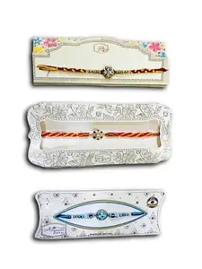 Decorative Rakhi Set with Floral Gift Box, Traditional Thread Bracelet, 3 Designs