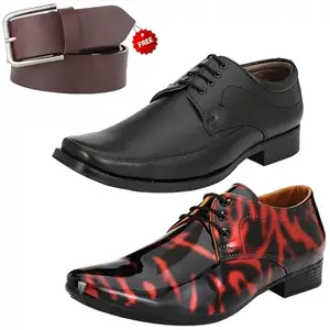 Modern Trendy Formal Shoes/Party Shoes/ 2 Shoes Combo with Free Belt for Men and Boys (BAZAAR8618_VTR01-Blk-Red002-Bdr-Blk-1-Brwn) Multicolor
