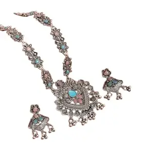 Pink and Sky Blue Long Flower Peacock Necklace for Women – Traditional Indian Jewelry