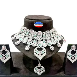 SE Collections Montana Rhodium Plated Crystal Choker Necklace Set, Traditional Indian Wedding Jewellery (Pink and Mint Green)