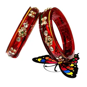 Red Wedding Bangles Kada Set for Women (Sizes 2.4, 2.6, 2.8) – Traditional Stone Work Fancy Chudi | Glossy Finish Party & Festival Kada Bangles | Non-Glass Sheep Material – Pack of 1 Pair (2-4)