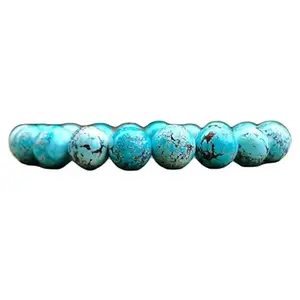 RRJEWELZ Unisex Bracelet 10mm Natural Gemstone Arizona Turquoise Round shape Smooth cut beads 7 inch stretchable bracelet for men & women. | STBR_00983