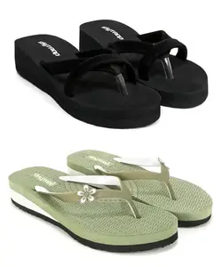 Skytrap Women Black, Green Nubuck, Rubber Slippers Flipflop Combo of 2 (numeric 4)
