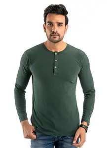 feranoid Mens Cotton Solid Henley T-Shirt (Medium, Green Melange)