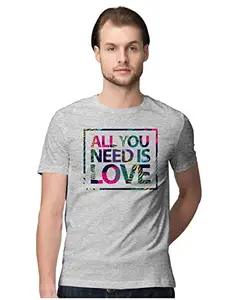ALLEN BLACK Men's Regular Fit T-Shirt All You Need is Love 100% Cotton T-Shirt Melange Grey_LOVISALLYM-Melange Grey 3XL Men Round_