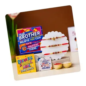 Poorak Religious Assorted Rakhi Gift Set – 3 Rakhis with Card, Keychain & Roli Chawal