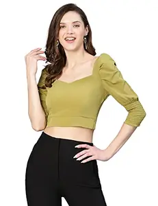 oxolloxo Women Solid Khaki Puff Sleeved Polyester Crop Top