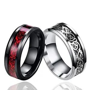 University Trendz Stainess Steel Combo Pack of Dragon Rings for Mens and Boys (Red-Silver)