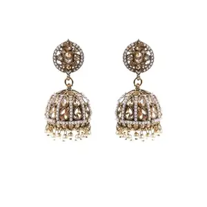 ZARMAR FASHION Antique Gold Jhumka Earrings with Pearl Beads, Traditional Indian Drop Earrings, Crystal Studded