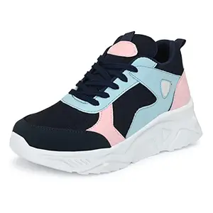 Premium Mesh Lightweight Girls Women Ladies High Heel Casual Sneakers Chunky Running Sports Shoes Shoe Island for Women (BAB774-AZ), Size 8 UK/India Navy Blue