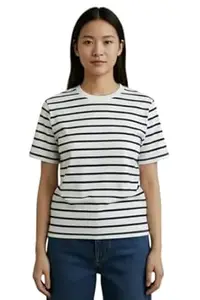 BAESHIP STUDIO Stylish Women White Striped T-Shirt | Casual Round Neck Short Sleeve Cotton Blend Top Summer T-Shirt